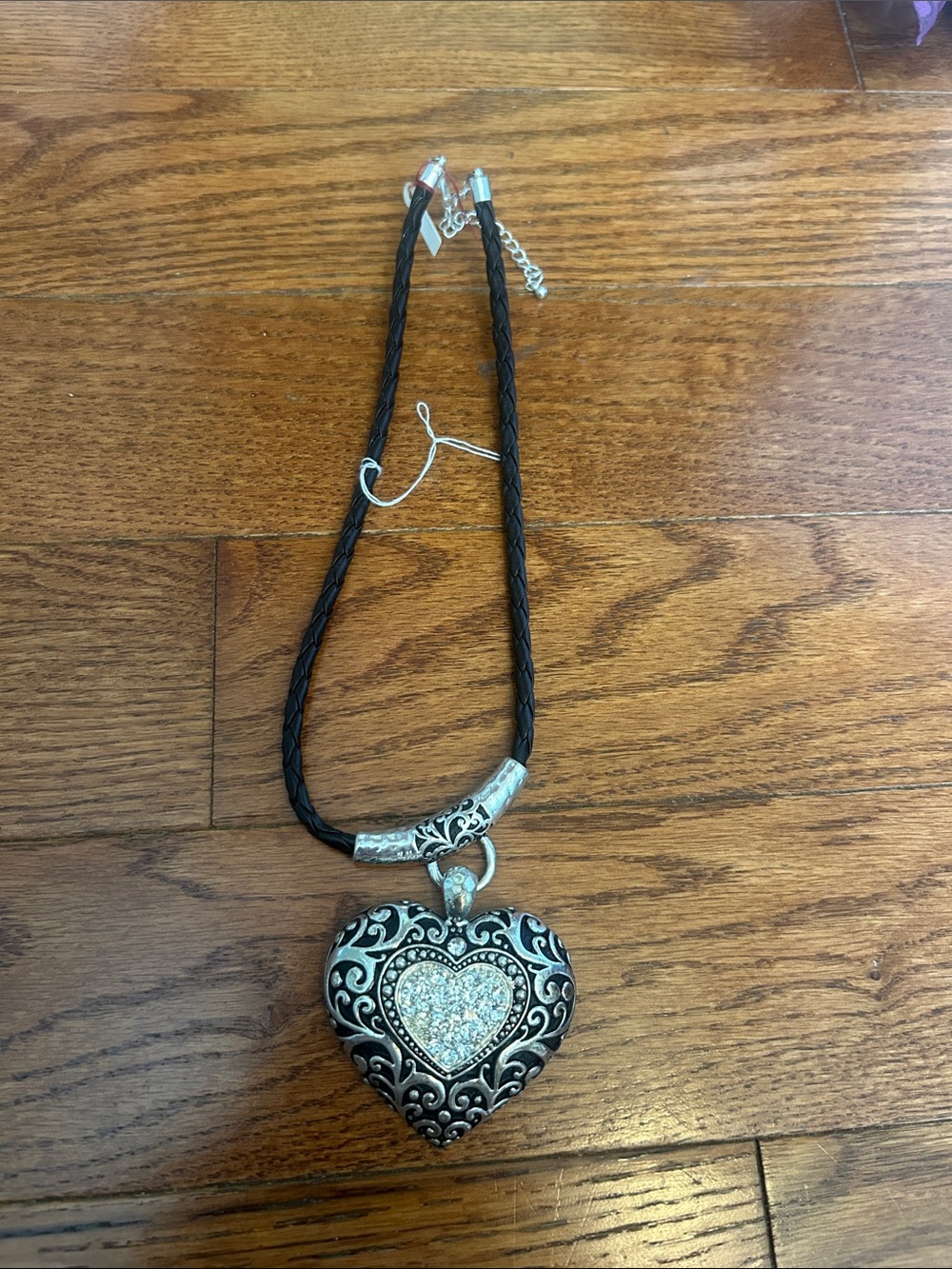 Source Unknown Black Braided Cord Necklace with Silver Heart Pendant